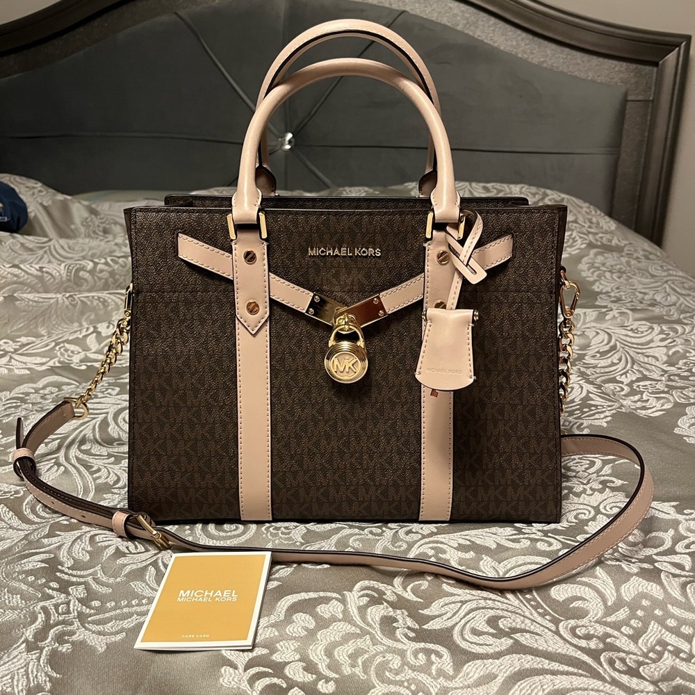 Michael Kors Nouveau Hamilton Large Logo Stripe Satchel Brown & Light Pink